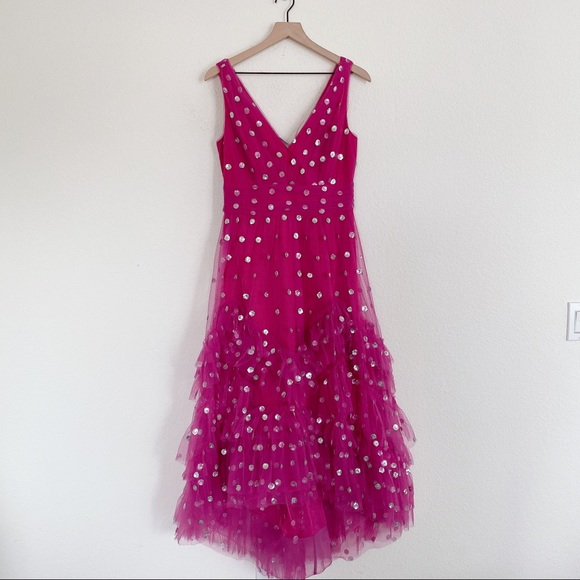 Marchesa Notte Sequin Dot Tulle Ruffle Midi Dress - Picture 8 of 13